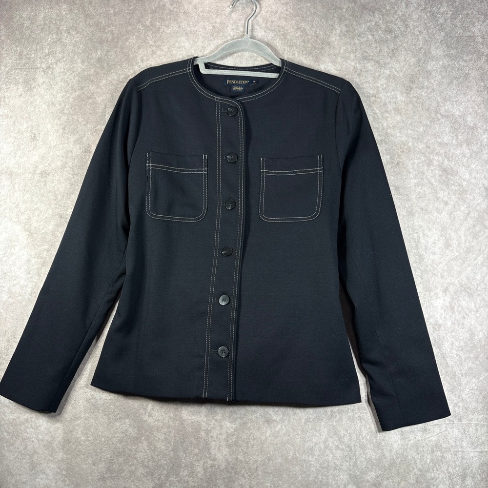 Pendleton Jacket Womens Size 12 Black Wool Blend Blazer Contrast Stitch Tie Back